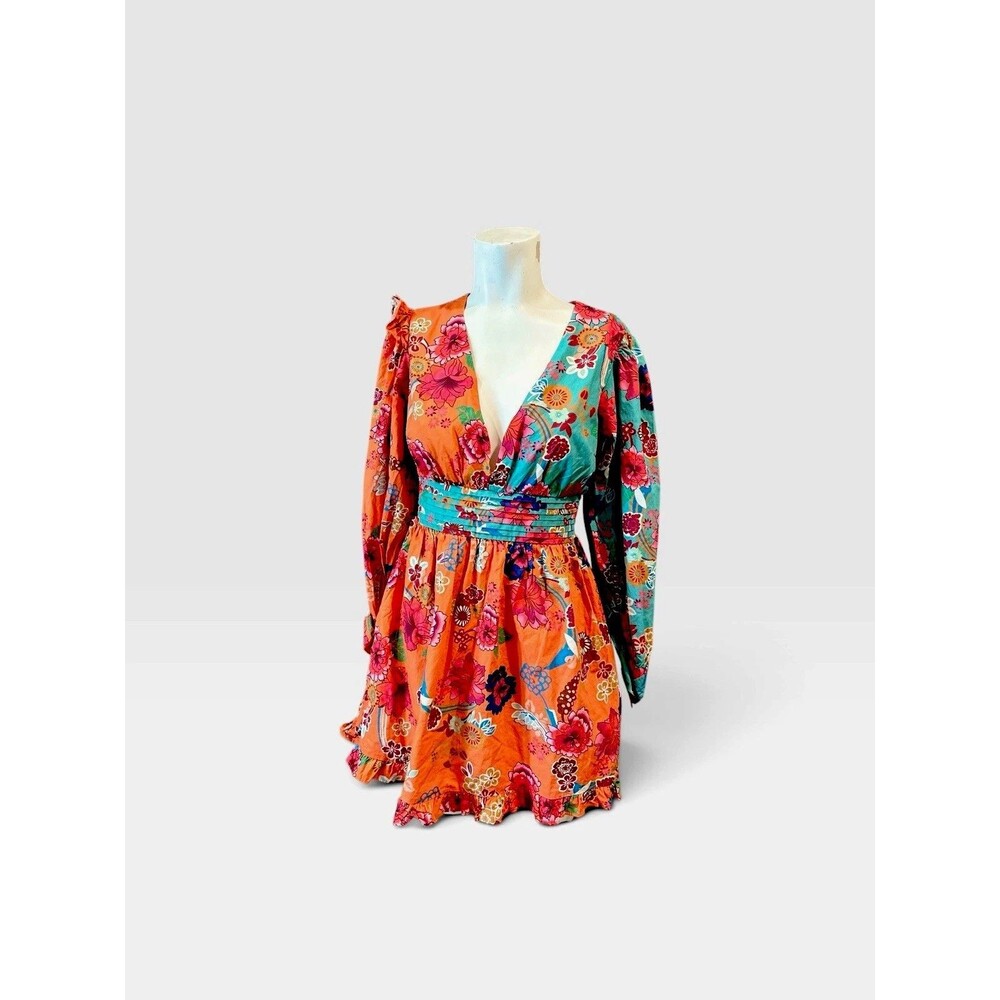Misa Los Angeles 🍊 floral balloon Long Sleeve Mini Dress S summer mini dress